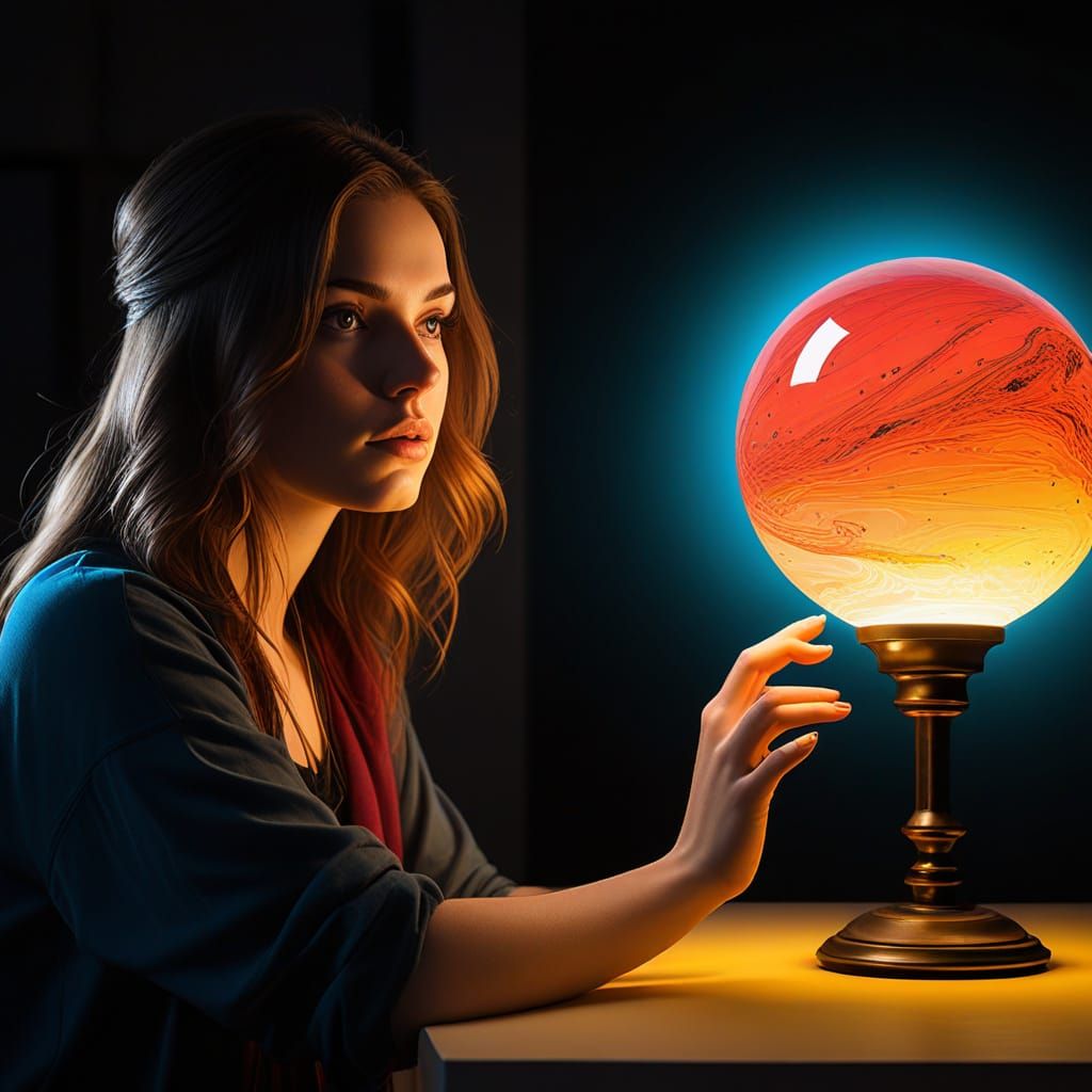 A Young Woman Lost in Thought Before a Mysterious Orb in Tri...