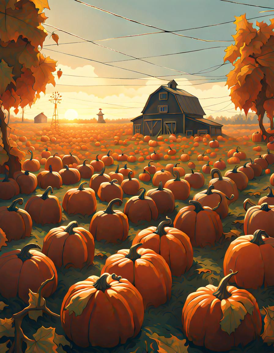 Pumpkin Patch in Sunlight: Low Poly Matte Painting
