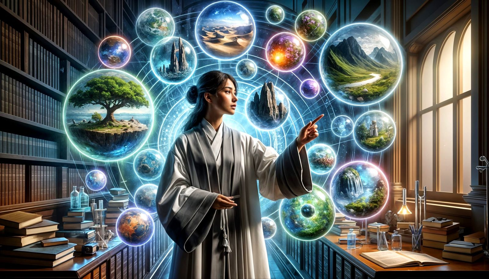 South Asian Scholar in Futuristic Academic Setting