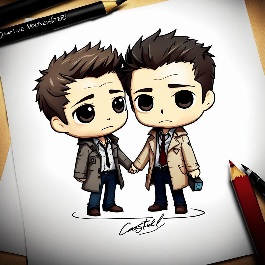 Dean and Castiel as Chibi Characters in Love