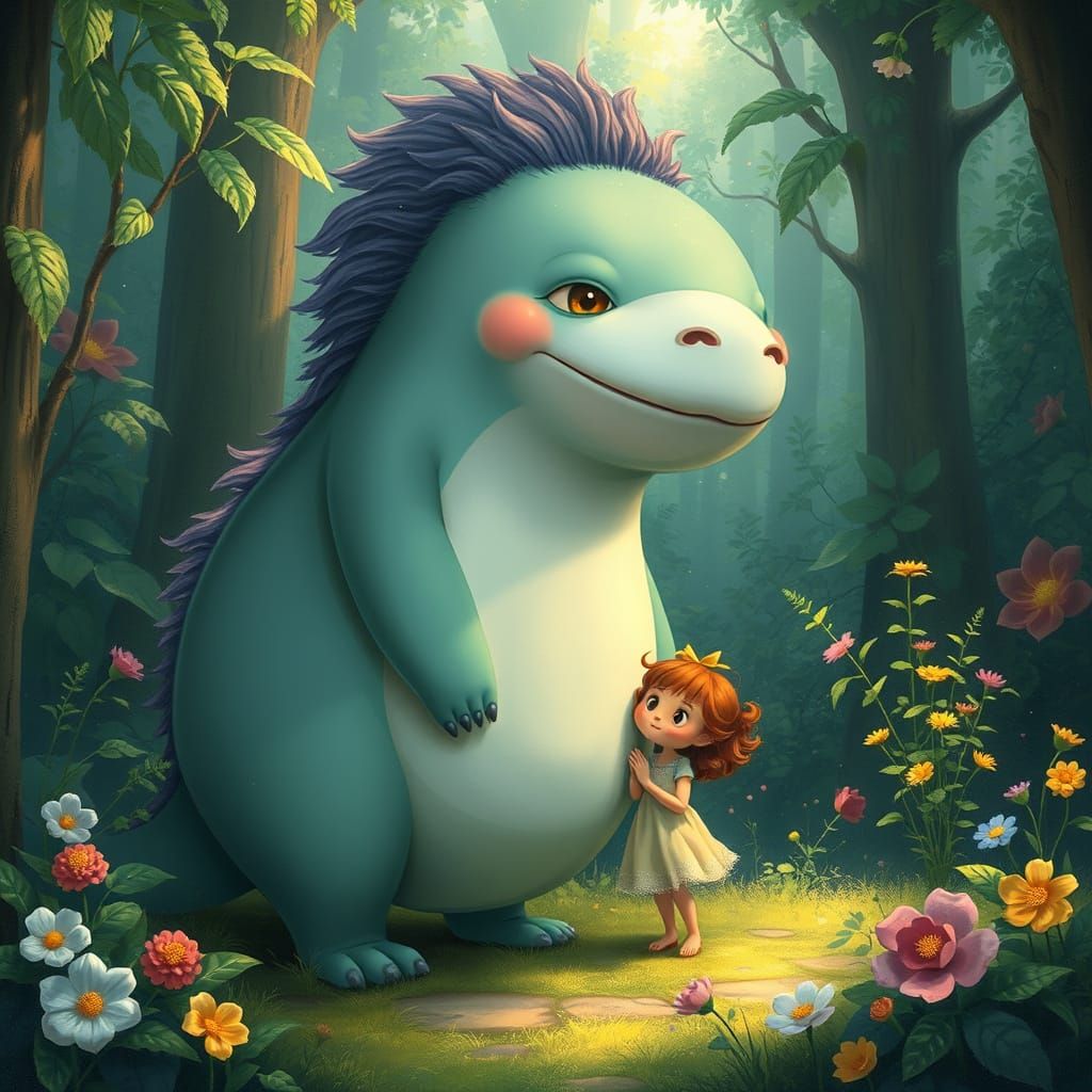 Giant Gentle Creature and Tiny Being in Lush Greenery