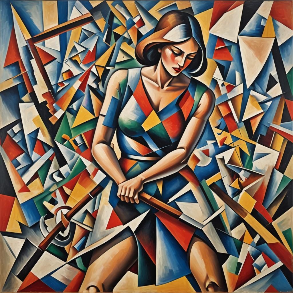 Abstract Cubist Woman with Axe in Vibrant Colors