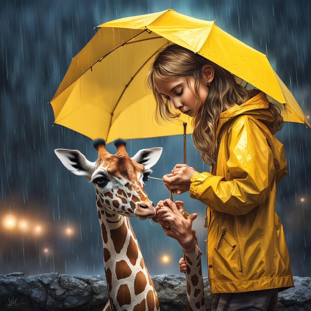 Girl Feeding Giraffe in Rain: Cosmic Illustration
