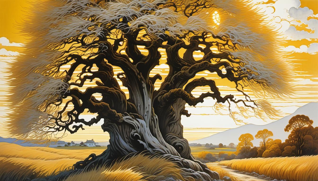 Majestic Tree in Golden Light: Arthur Rackham Style