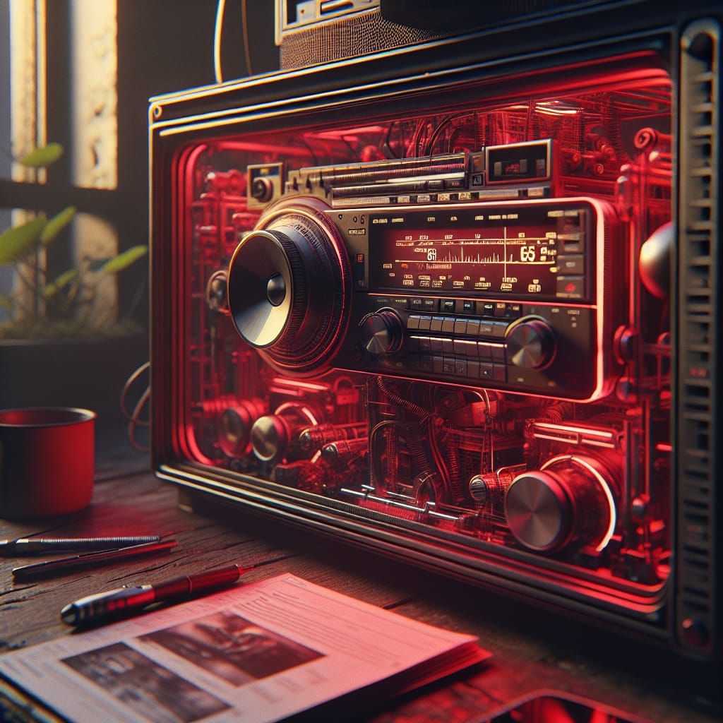 Modern Radio in Red Tones, Hyperrealistic Image