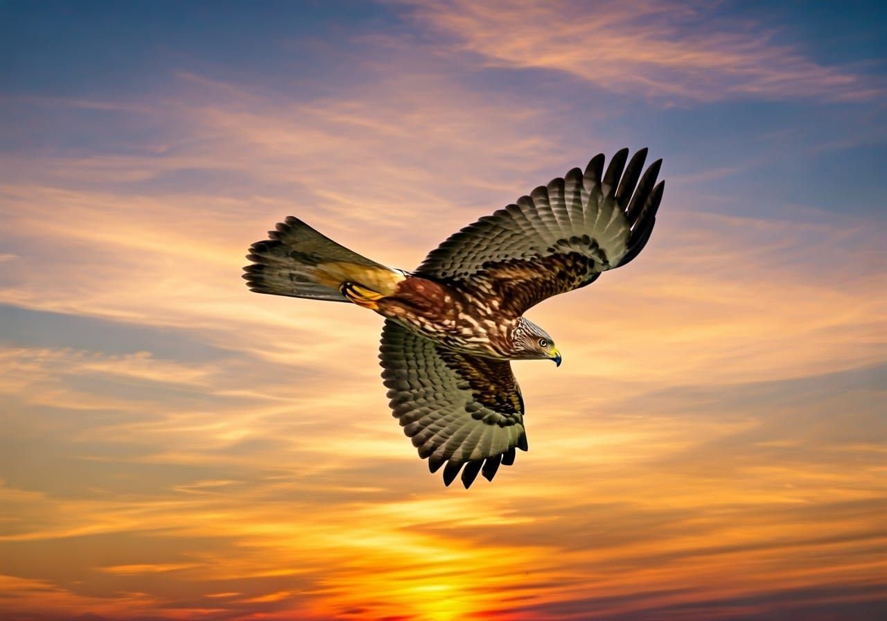 Hawk Soaring Through Sunrise Sky as Impressionist Painting