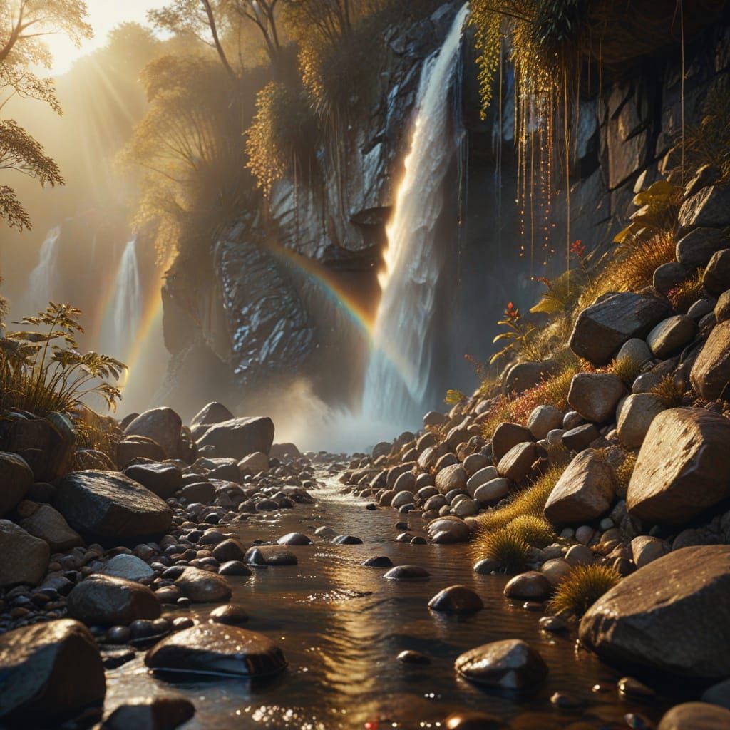 Ethereal Golden Hour in a Sparkling Rainbow Oasis