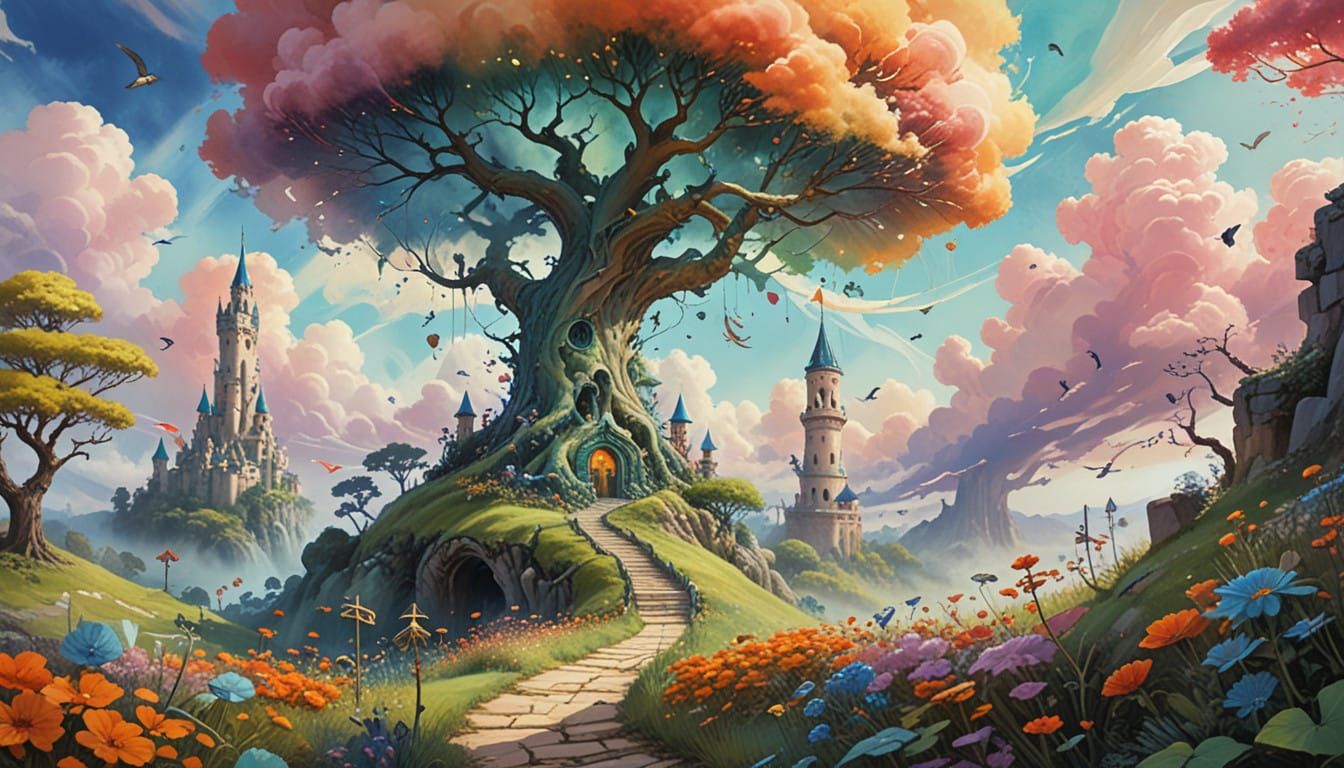 Whimsical Fantasy World in Vibrant Watercolor