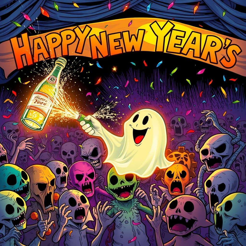 Joyful Ghost Celebrates New Year's with Ghouls