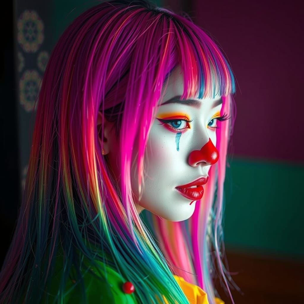Chinese Clown with Rainbow Hair in Splash Art Style