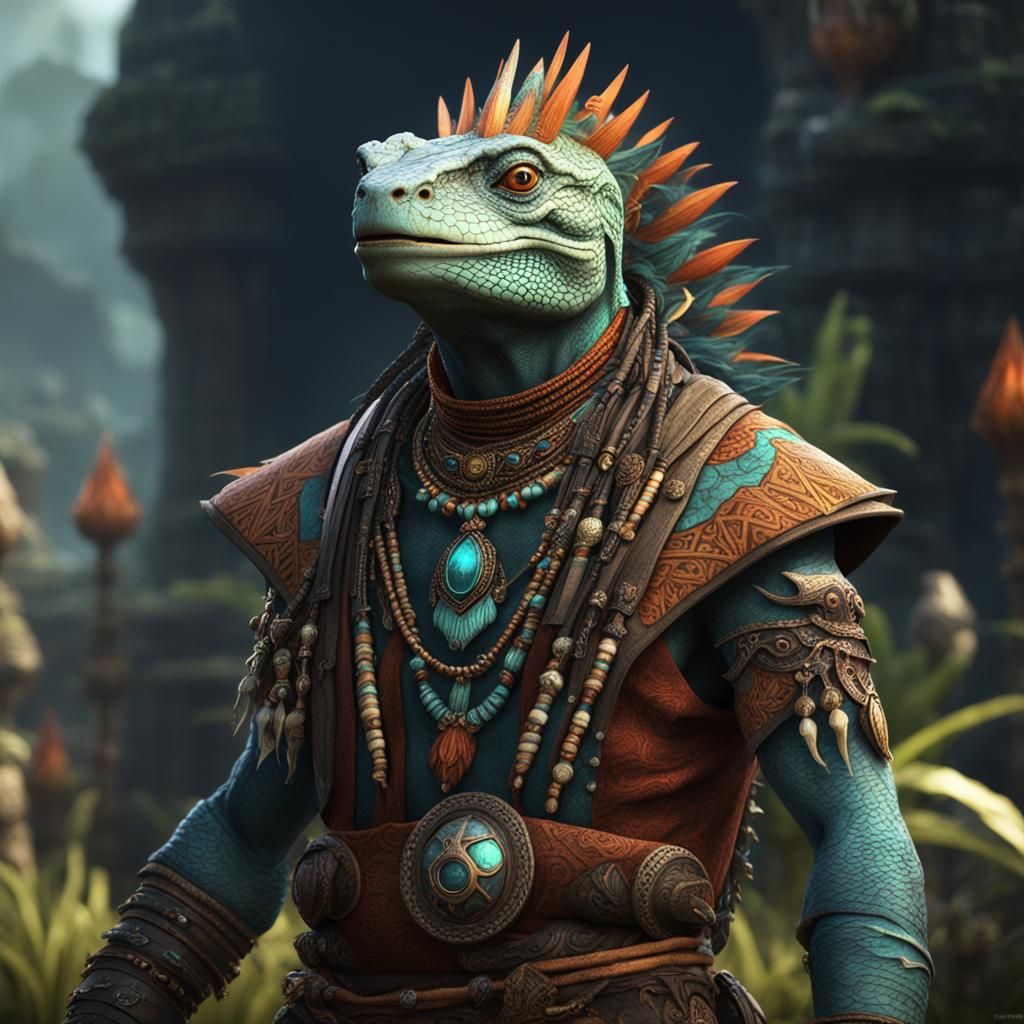Lizard Person in Tribal Adornments: Fantasy Art
