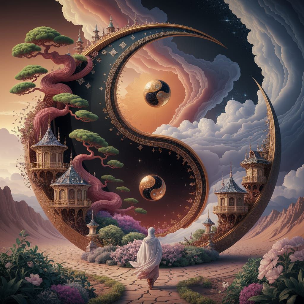 "Auf dem Pfad zwischen Licht und Schatten erwacht das Gleichgewicht in märchenhafter Harmonie"