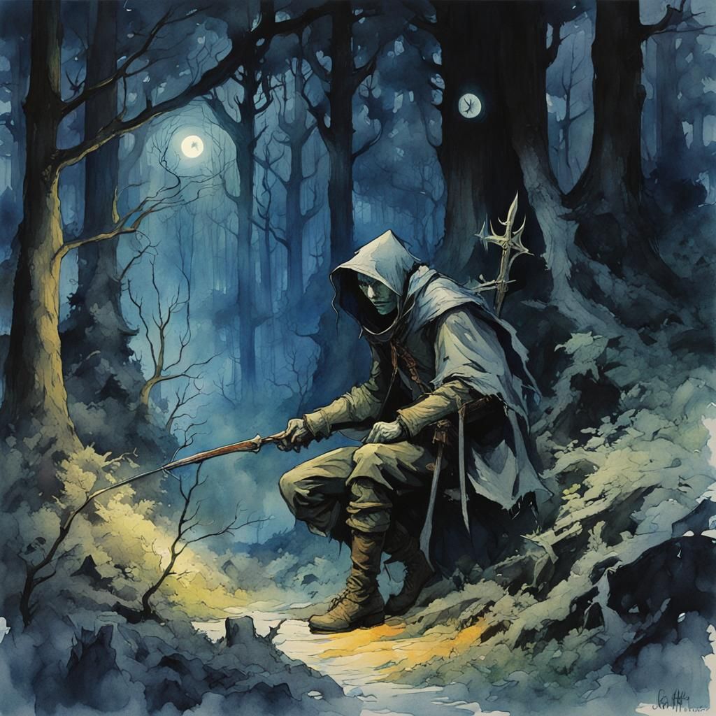 Elven Rogue in Moonlit Forest: Dark Fantasy