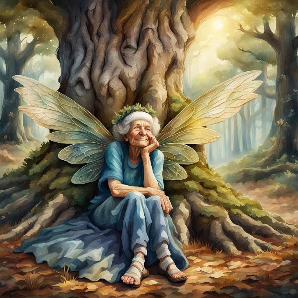 Watercolor Painting of an Old Fairy Sleeping