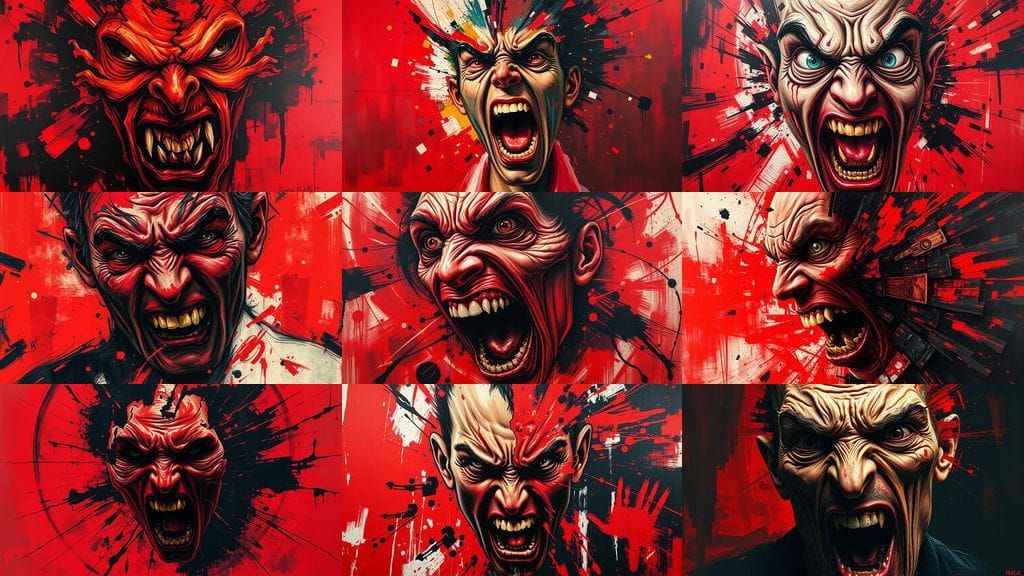 Fractured Human Form Unravels in Red and Black Chaos