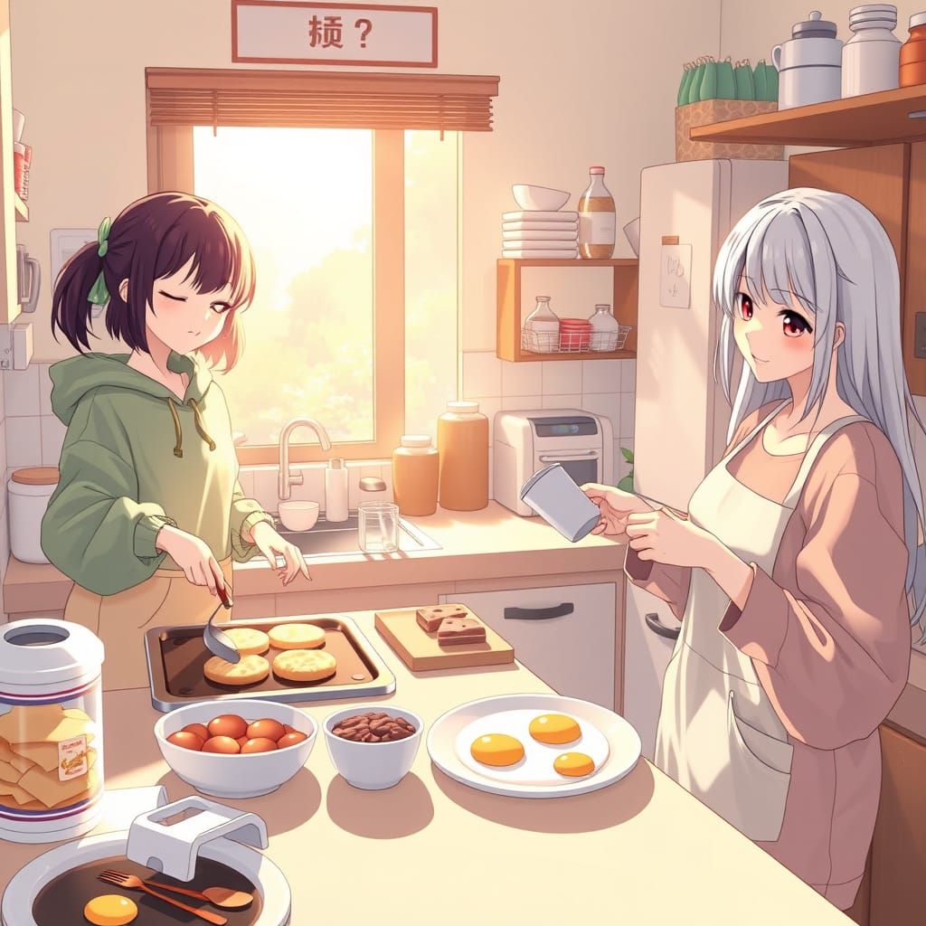 Cozy Dorm Kitchen Scene in Charming Anime Style