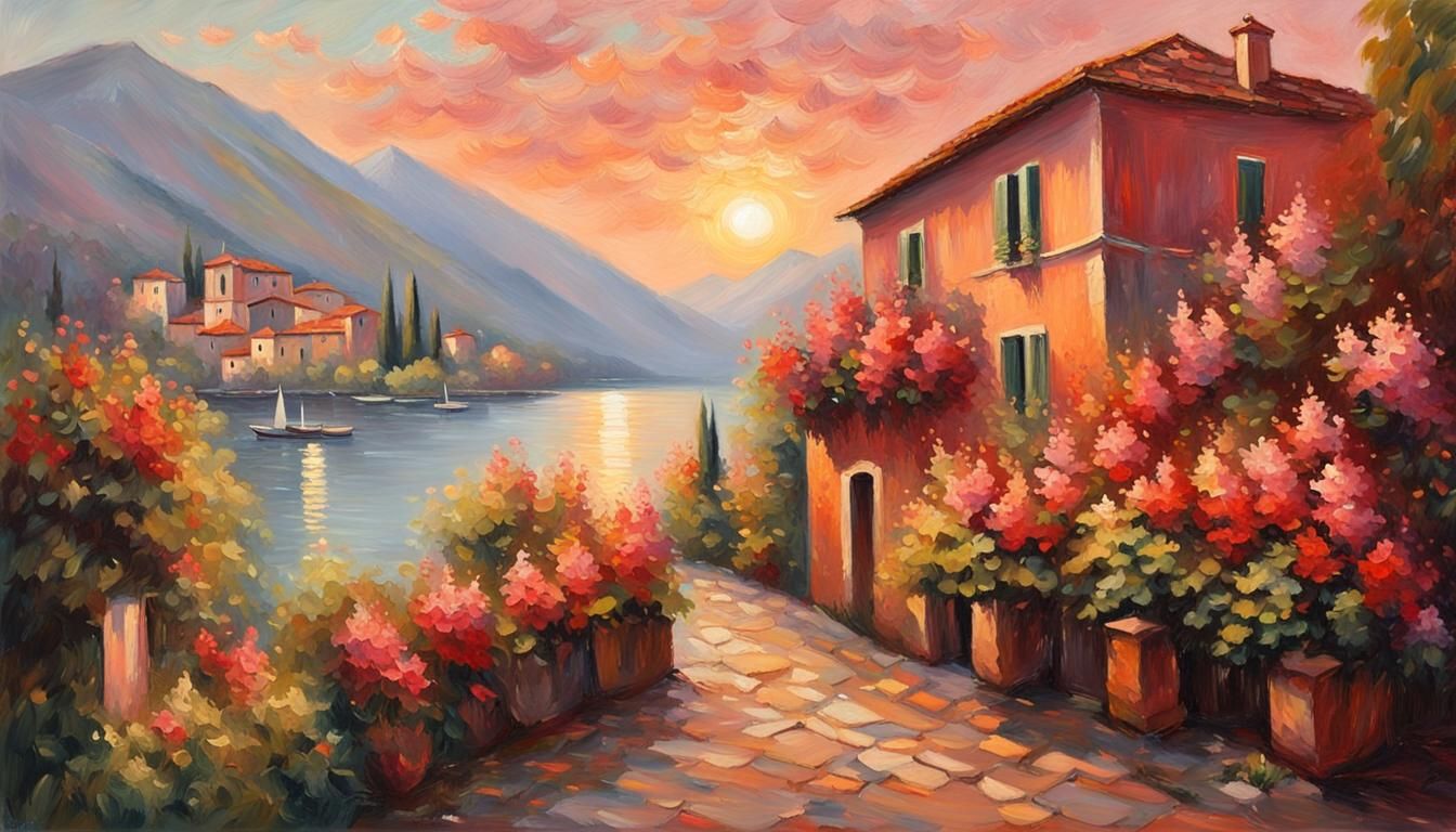 Lake Como Village Sunset in Impressionistic Style