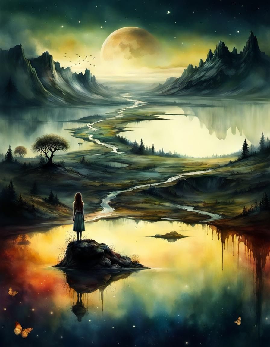 Surreal Watercolor Landscape with Dripping Planets