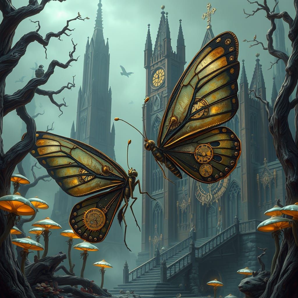 Clockwork Butterfly and Gothic Cathedral in Steampunk Style