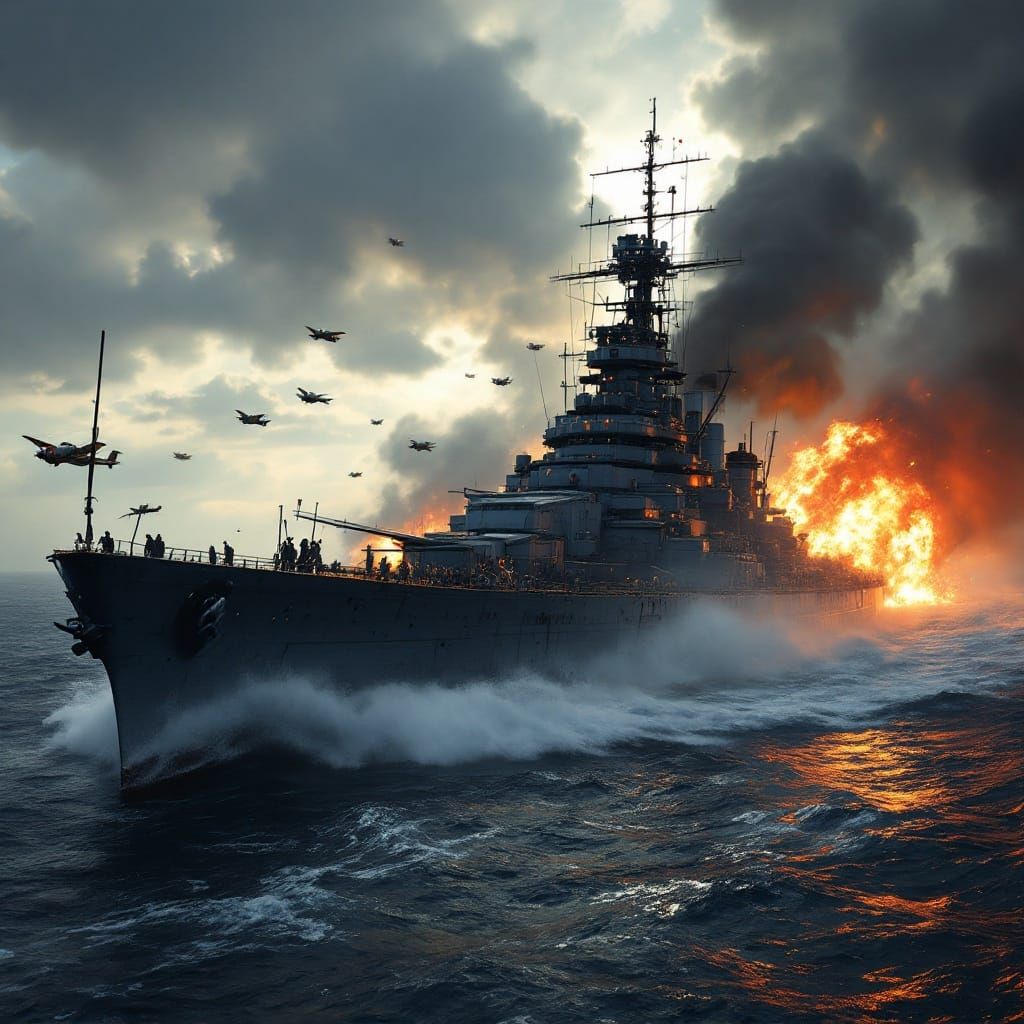 Battered Battleship Under Attack in Pearl Harbor