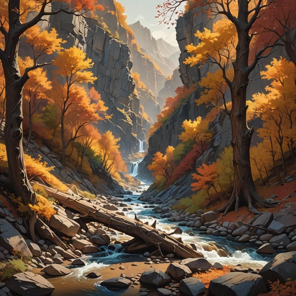 Autumn River Gorge in Hyperrealistic Landscape Art