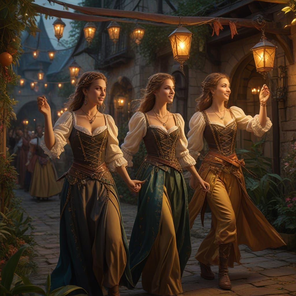 Female Pirates Dancing in Medieval Garden Oil Painting