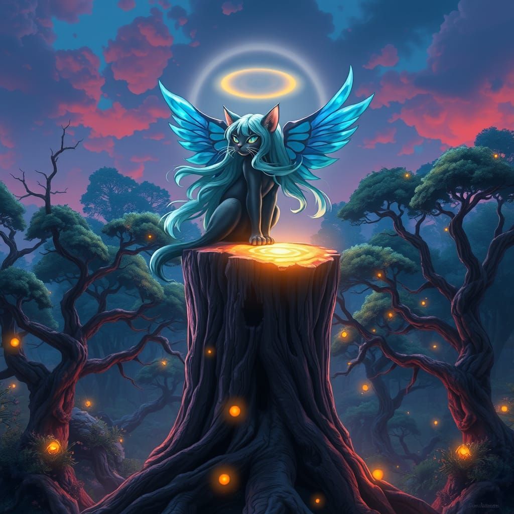 Whimsical Catgirl in a Dreamlike Forest Scene