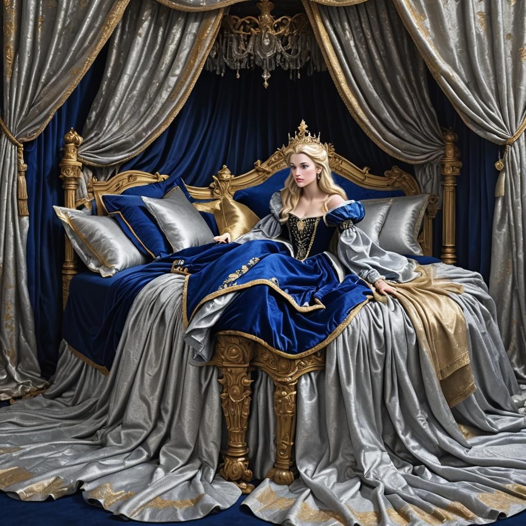 Sleeping Beauty on Royal Blue and Silver Bed