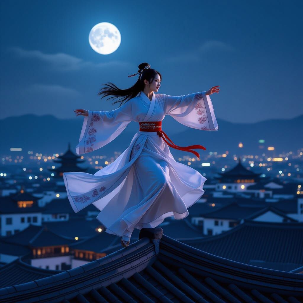 Hanfu Woman Leaping Over City Roofs in Moonlight