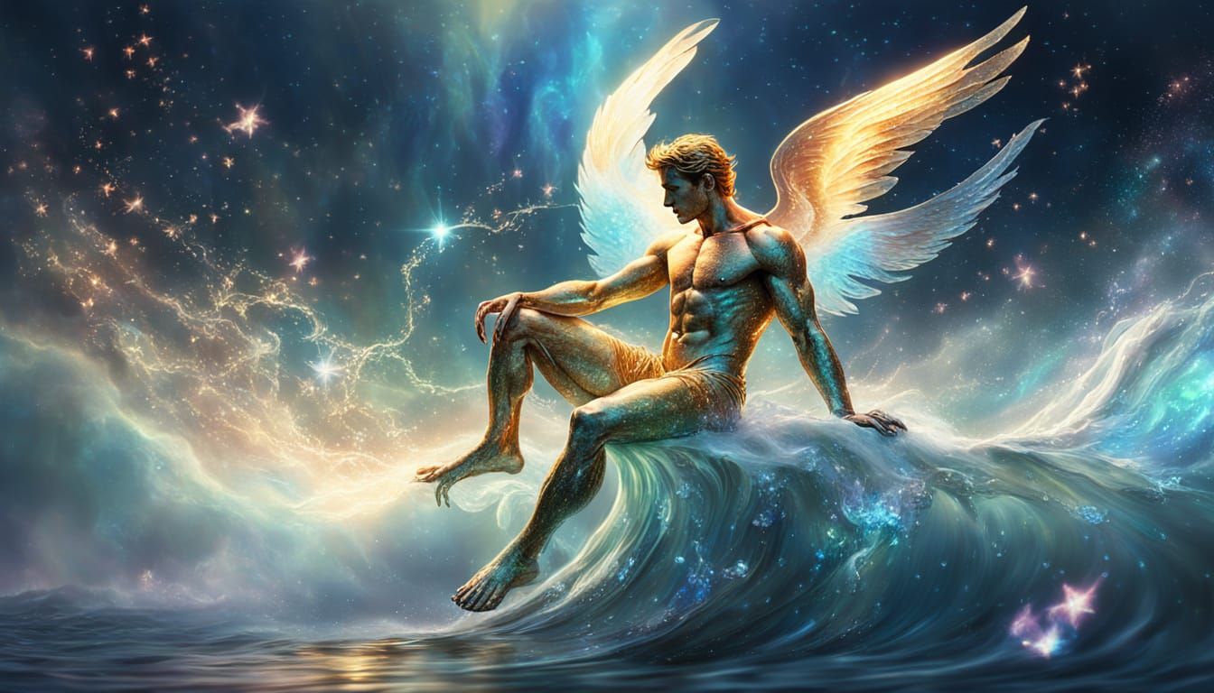 Holographic Fantasy Art: Mercury with Crab on Wave