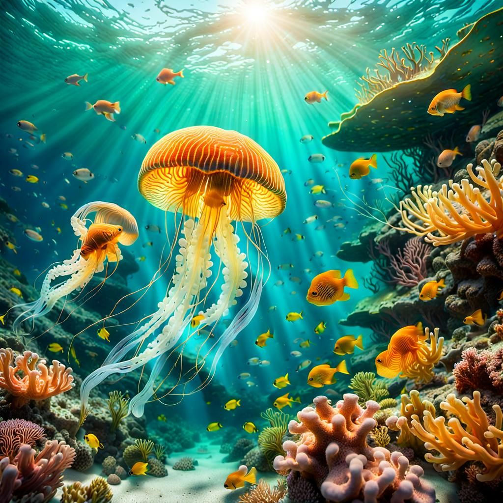 Luminous Underwater Landscape with Coral and Fish