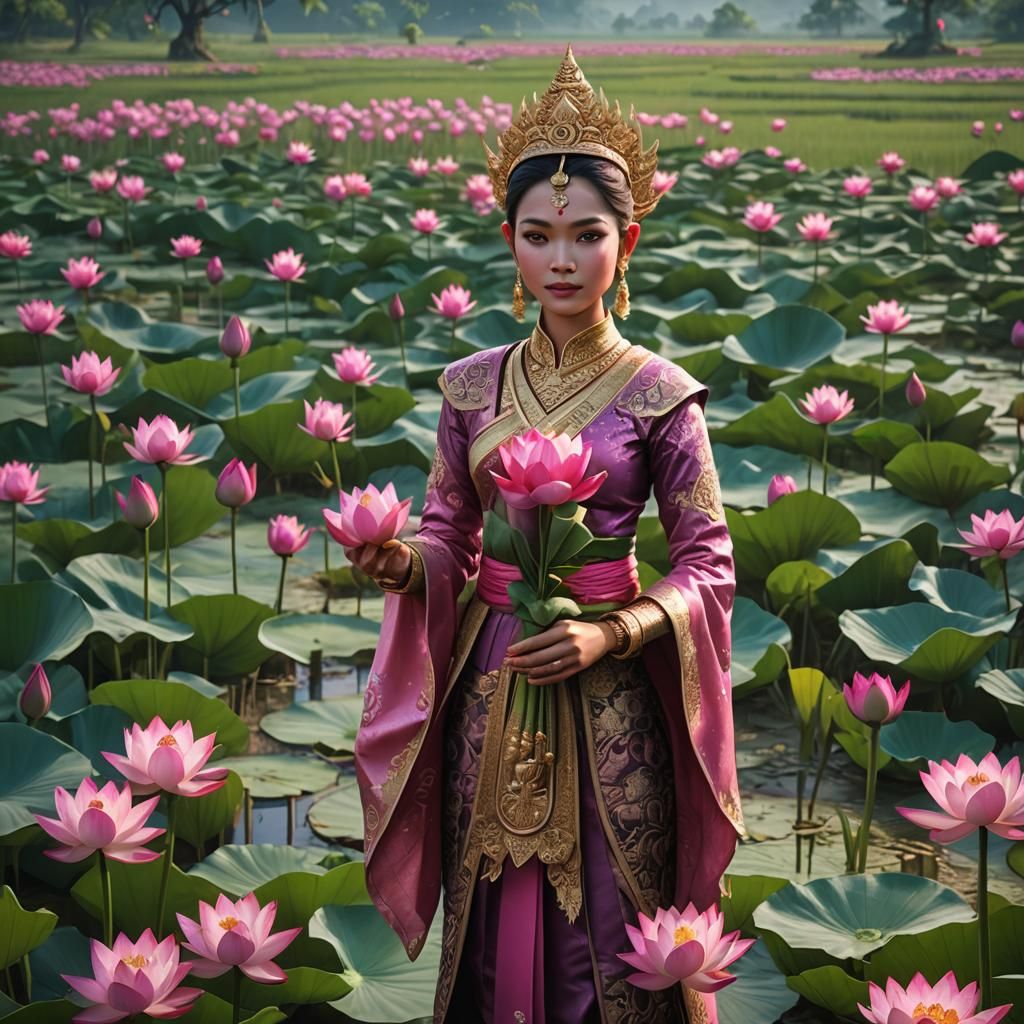 Thai Goddess with Lotus Flowers, Detailed Matte Painting
