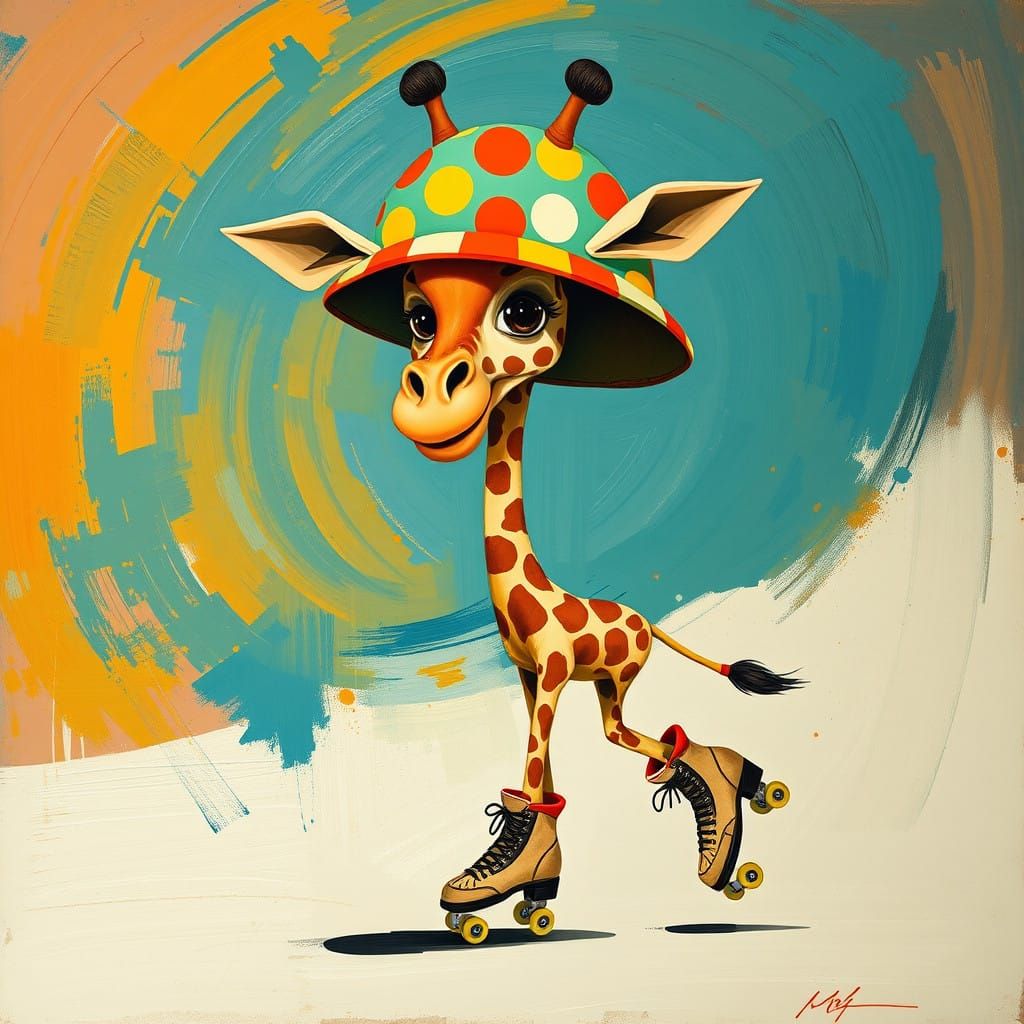 Vibrant Giraffe in Polka Dot Hat on Roller Skates, Abstract...
