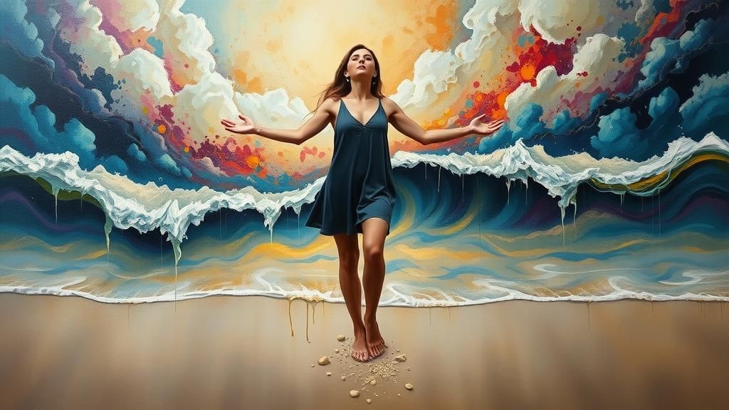 Dreamlike Seascape: Woman Embracing Surreal Shore
