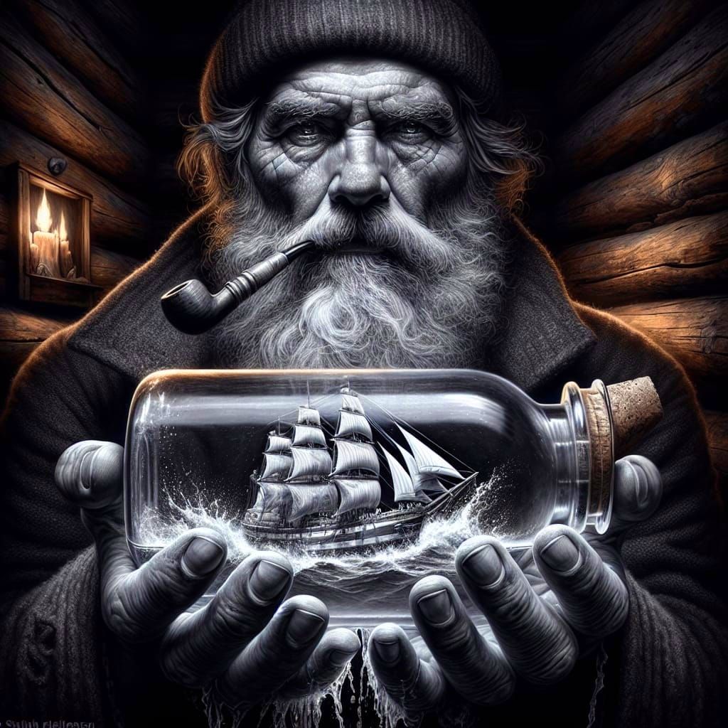Chiaroscuro Portrait of Sailor with Ship in Bottle