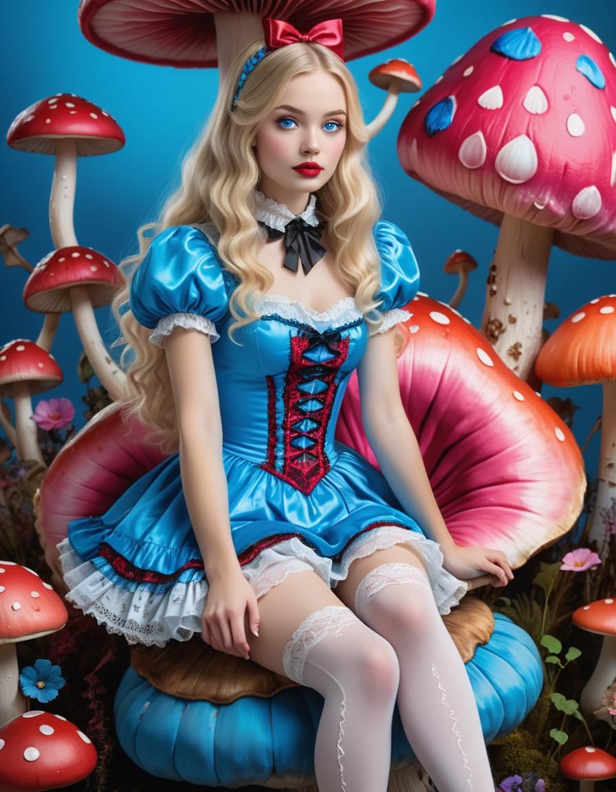 Alice in Wonderland Portrait on Mushroom