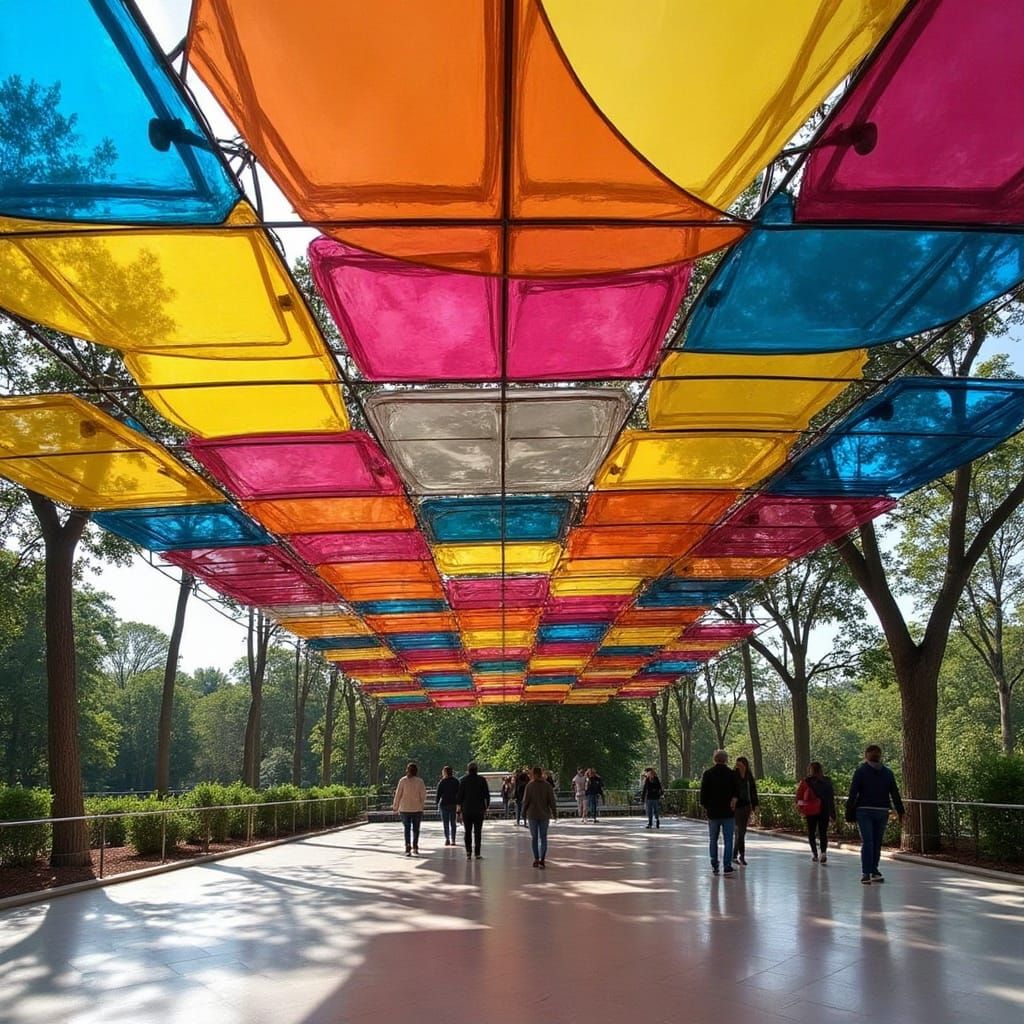 Vibrant Pop Art Glass Pavilion with Kaleidoscopic Shadows