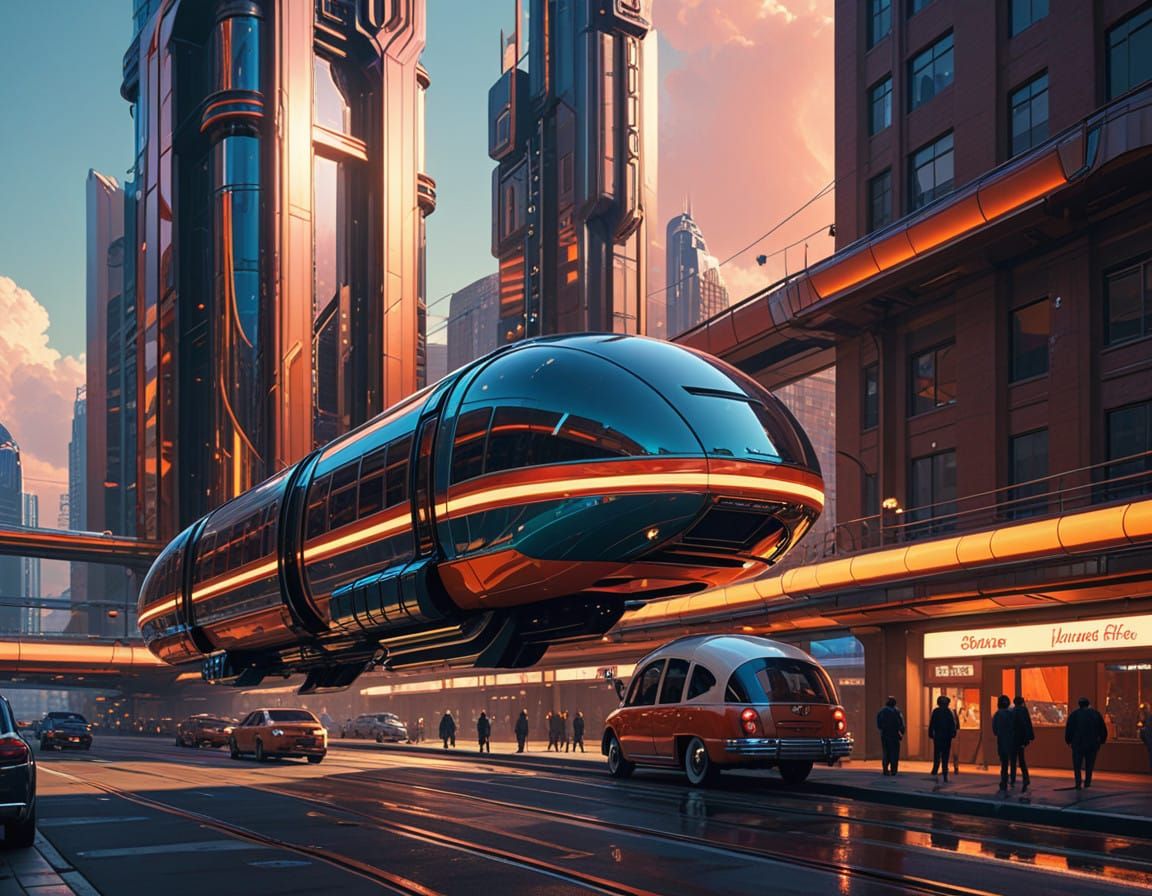Retro-Futuristic Metropolis at Golden Hour in Vibrant Colors