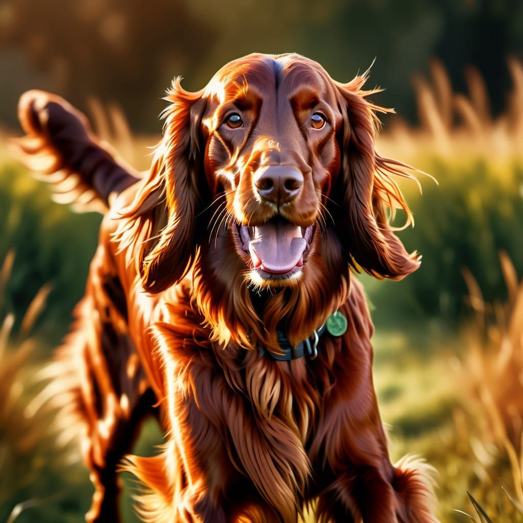 Irish Setter Running in a Sunny Field, Oil Painting