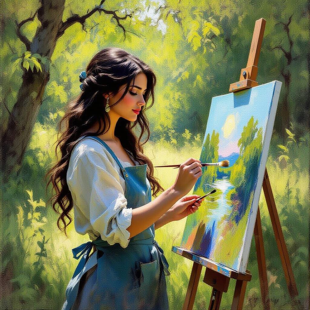 Woman Painting Nature in Romantic Oil Style