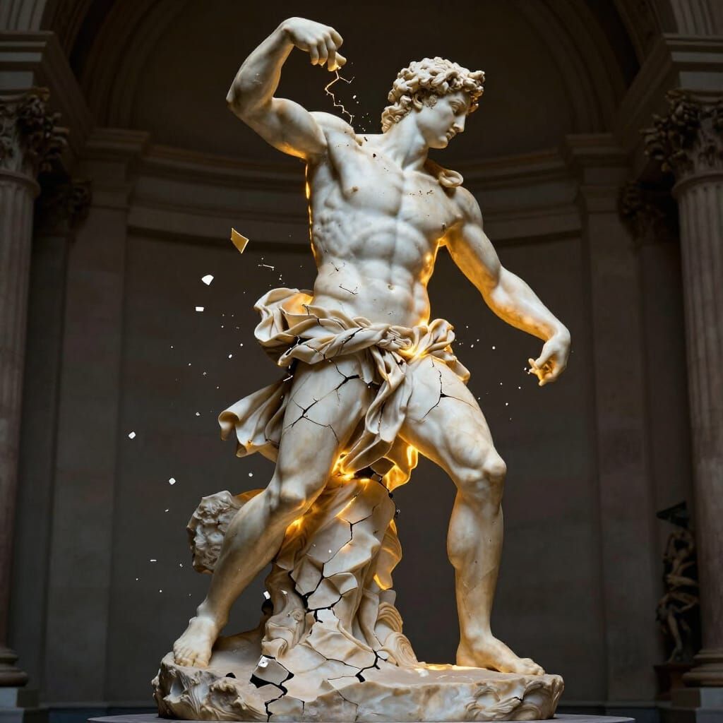 Marble Warrior Statue Comes to Life with Fiery Glow