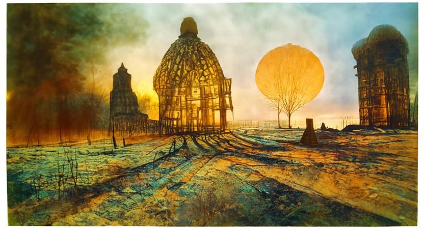 Enchanted Temple in Golden Wasteland: Woodblock Print