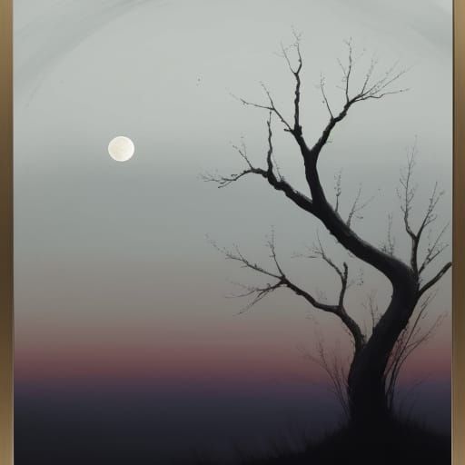 Solitary Poplar Under Luminous Moon, Sumi-e Painting