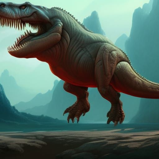 T. rex trying to grab something off a shelf with its tiny arms - and the AI gave him no arms...