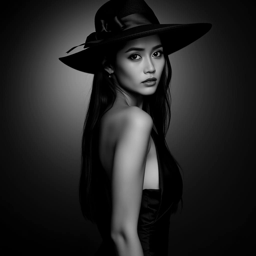 Elegant Burmese Woman in Black and White Portrait