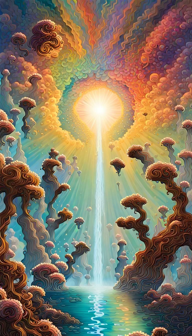 Prismatic Cosmic Entities in Surreal Landscape