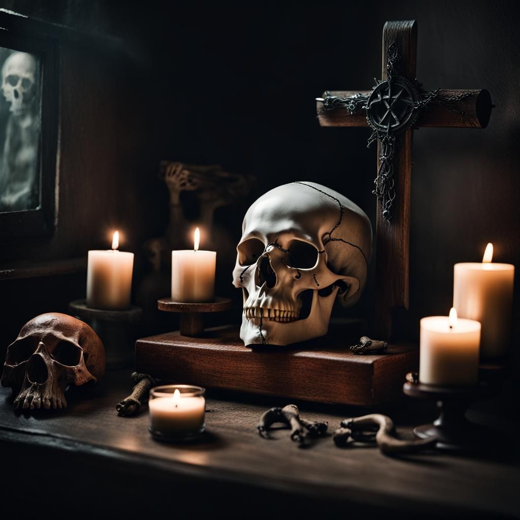 Moody Altar with Skull, Cross and Pentagram