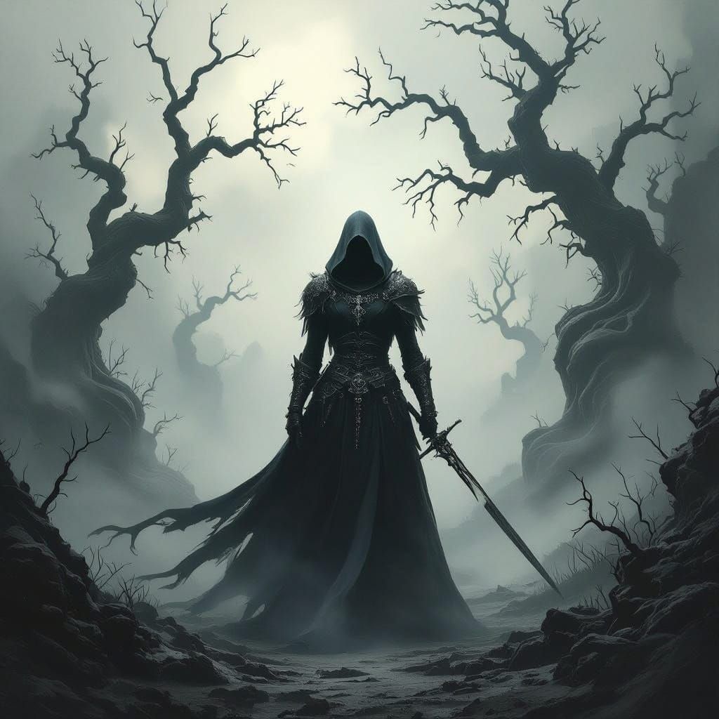 Mysterious Sorceress in a Dark, Ominous Landscape