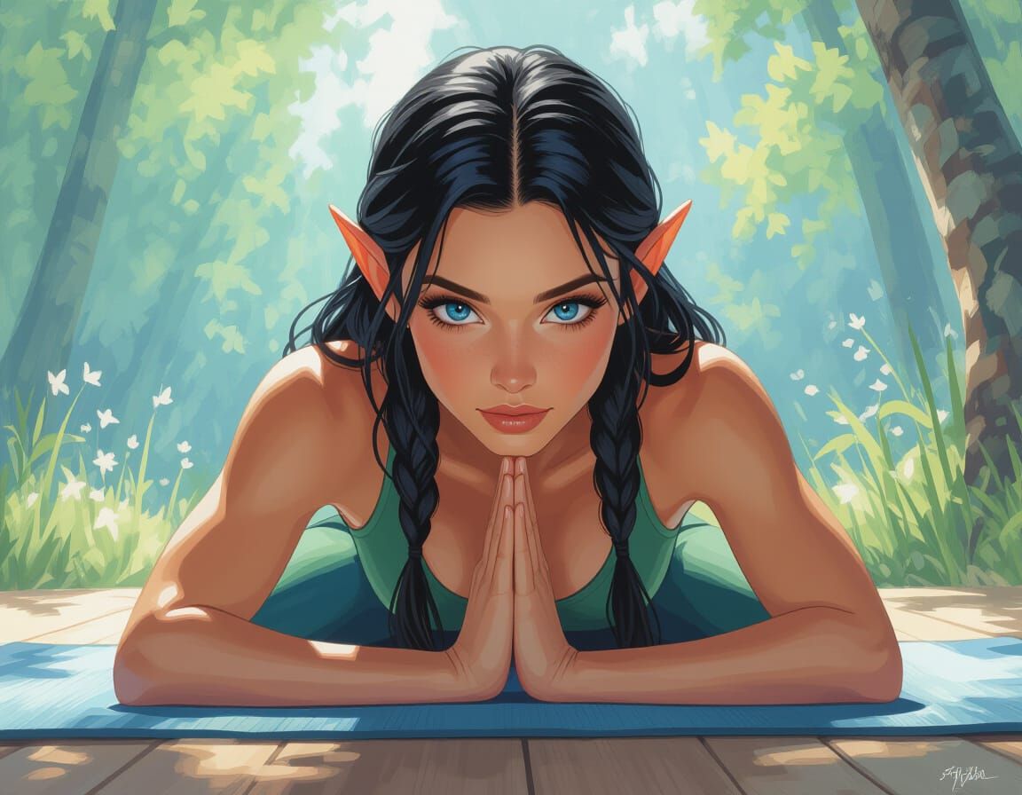 Photorealistic Elf Woman in Downward Dog Pose