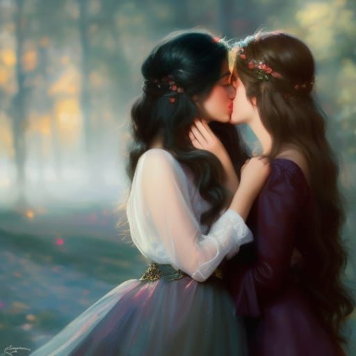 Two Women Kissing with Engagement Ring in Expressionist Styl...